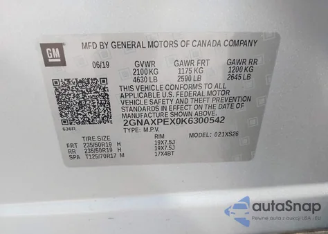 2019 Chevrolet Equinox Premier из США, поврежденный, VIN 2GNAXPEX0K6300542